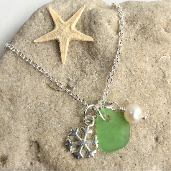 Artisan Jewelry - Genuine Sea Glass And Snowflake Charm Necklace